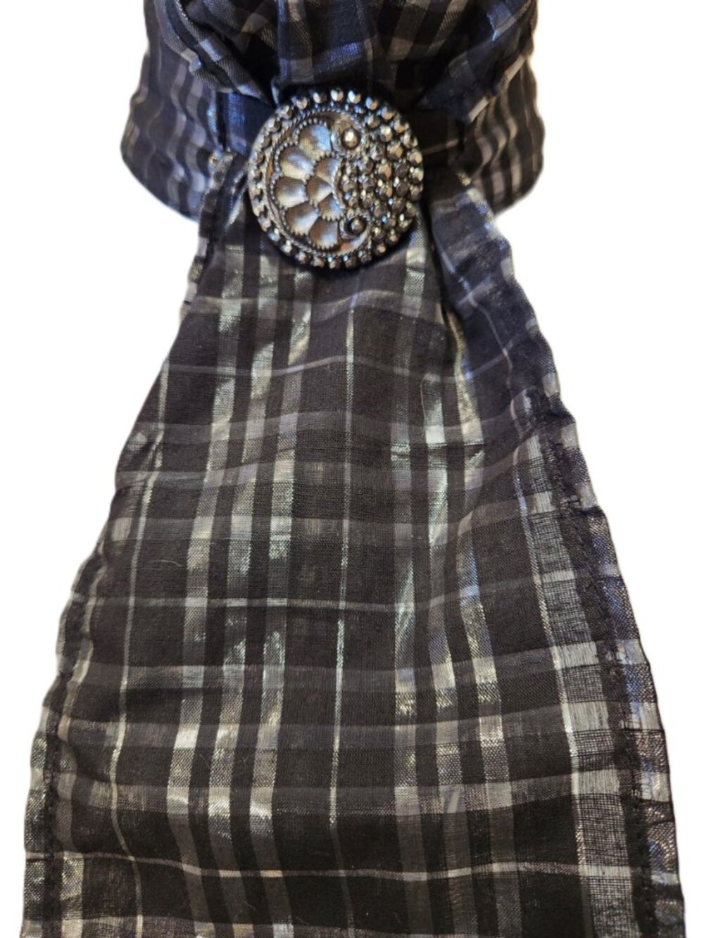 STOCK TIE Black & Silver PLAID PRE-TIED by ORNAMENTS NEW